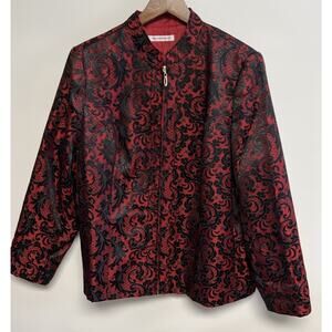 Vintage Black & Red Satin jacquard Jacket Sz 16 Zip Up Asian Style Print Glam